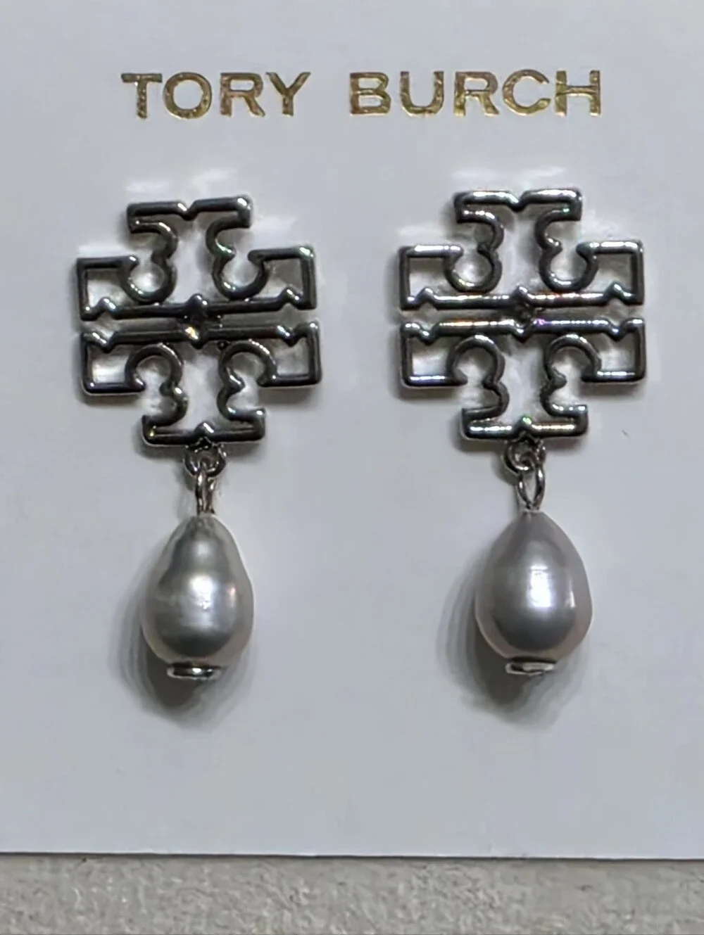 Tory Burch Silver Britten Pearl Drop Earrings
